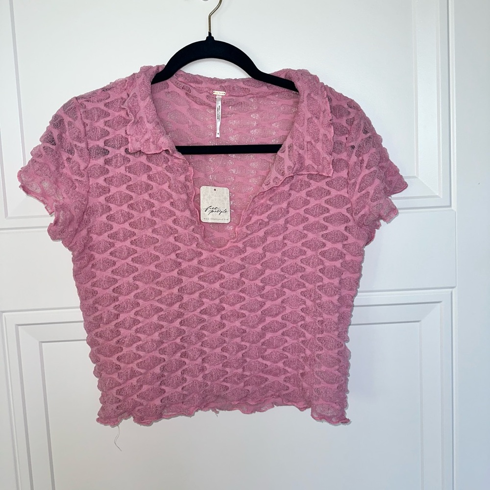 Free People - NWT - M - Pink unique gauzy polo